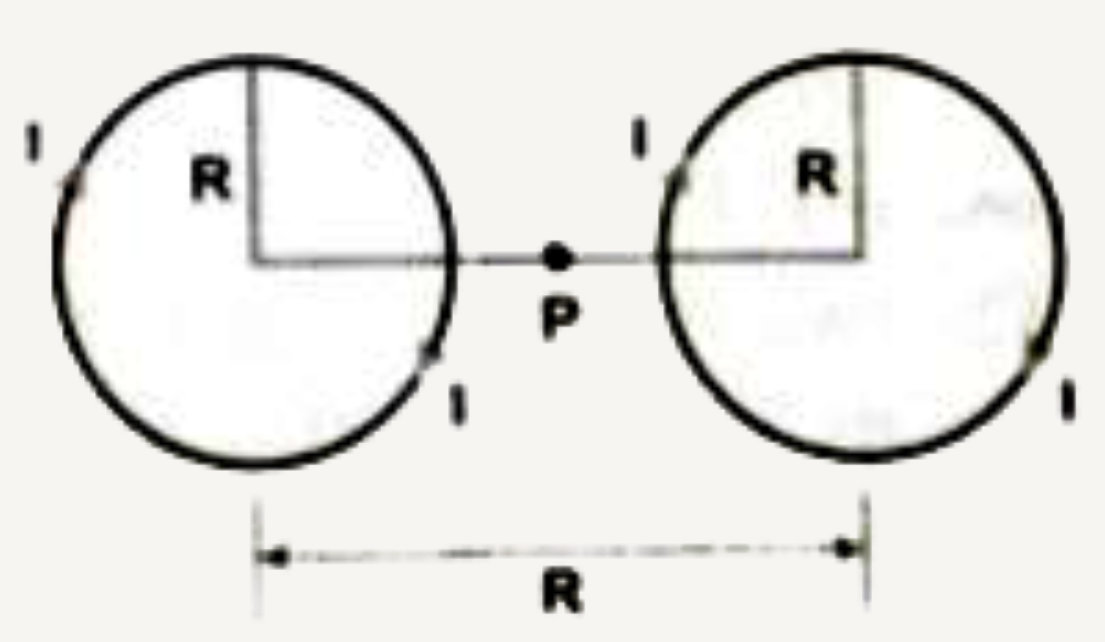 Two identical coils, each with N turns and radius R are Placed coaxially  at a distance R as shown in the figure. If I is the current passing through the loops in the same direction,   then the magnetic field at a point P which is at exactly at (R )/(2) distance between two coils is ........... .