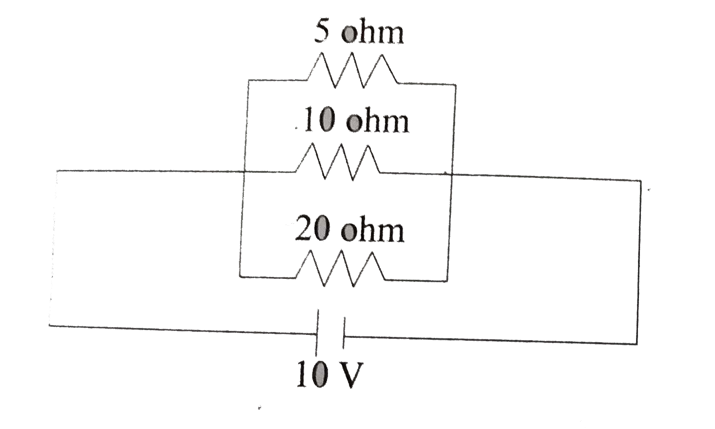 In the circuit diagram given below, three resistors R(1),R(2) and R(3) of 5Omega,10Omega and 20Omega respectively are cooncted as shown.   (A) Current through each resistor   (B) Total current in the circuit   (c )  Total resistance in the circuit