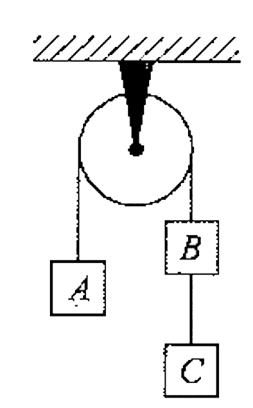 Three equal weights of mass 3 kg each are hanging on a string passing over a fixed pulley as shown in figure-2.147. The tension in the string connecting weight B and C is : (Take g = 10m//s^(2))