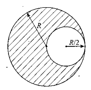 Figure-4.11 shows a circular a disc of radius R from which a small disc is cut such that the periphery of the small disc touch the large disc and whose radius is R//2. Find the centre of mass of the remaining part of the disc.