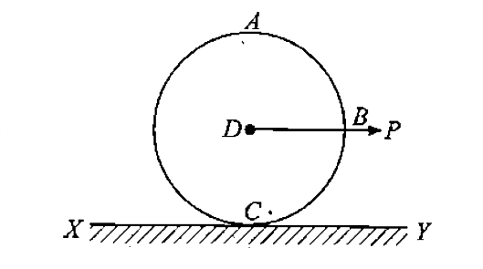 A disc of circumference S stands vertically on a horizontal surface as shown in figure-5.145, A horizontal force P acts on the centre of the disc. Half of the circumference {ABC) is rough and the friction is sufficient to prevent slipping when the disc rolls along X¥.The other half of the circumference (ADC) is smooth. The disc starts from rest when P begins to act and the point C is at the bottom. Find the distance moved by the disc along xy when it completes one rotation.