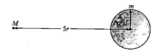 A solid sphere of mass m and radius r initially placed at a distance 5r from the centre of a point mass M as shown in figure. Now During displacement, it is also uniformly expanded to a radius 2 r so that its density decreases uniformly throughout its volume. Find the work required in this process.