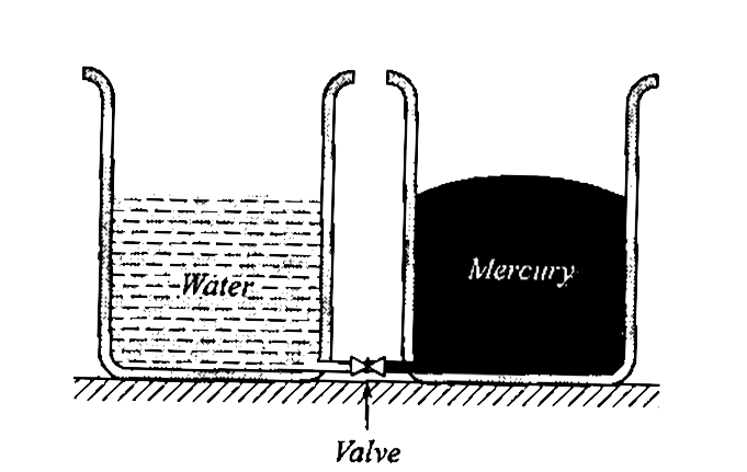 Two identical container are open at the top and are connected at the bottom via a tube of negligible volume and a valve which is closed. Bith containers are filled initially to the same height 1.00m, one with water the other with mercury, as the drawing indicates. The valve is then opened. Water and mercury are immiscible. Determine the fluid level in the left container when equilibrium is re-established.