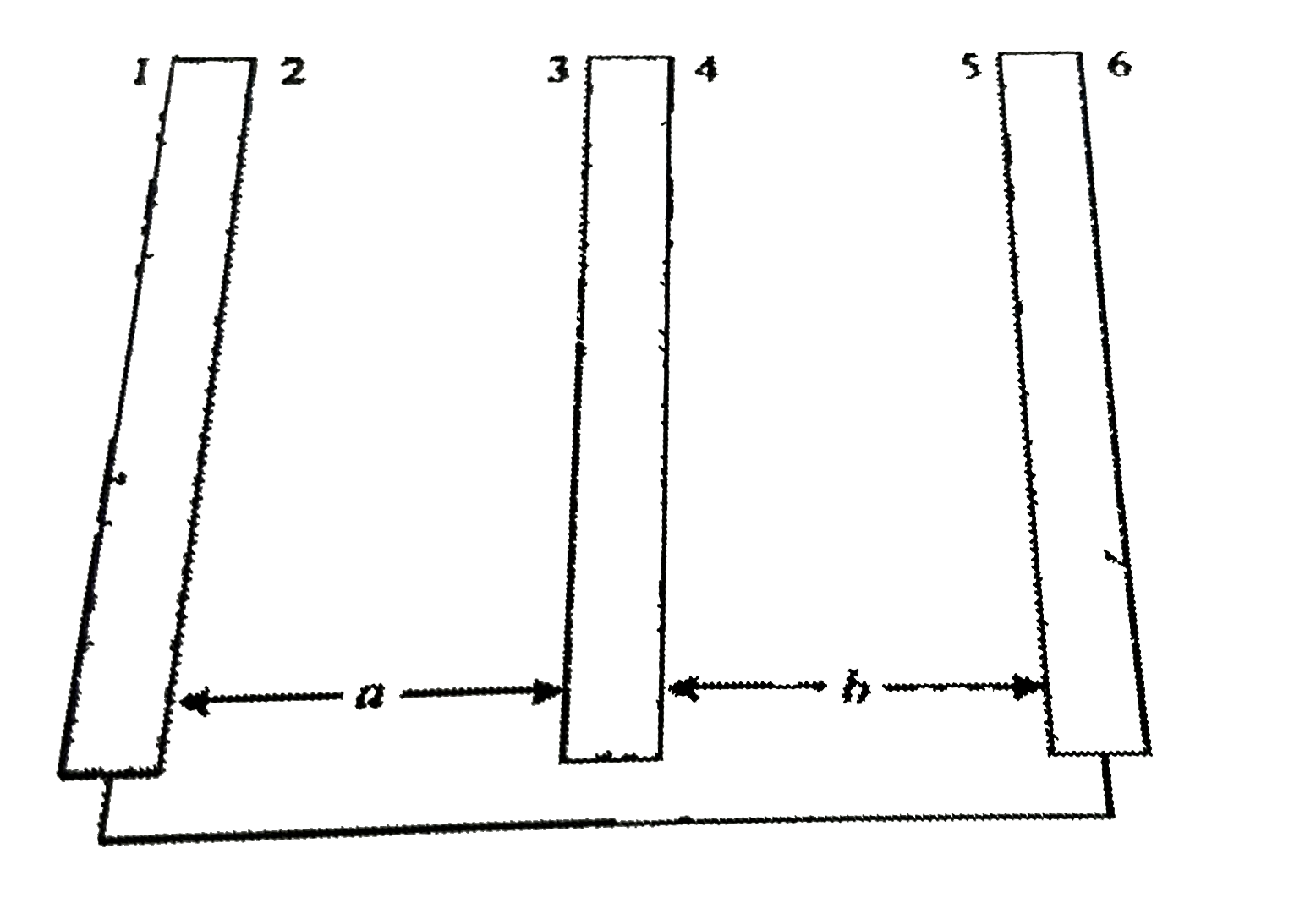 Three identical metallic plates are kept parallel to one another at a separation of a and b The outer plates are connected by a thin conducting wire and a charge Q is placed on the central plate Find final charges on all the surfaces of the three plates.      [faces(1) Q/2,(2) -(Qb)/(a+b),(3) (Qb)/(a+b),(4)(Qa)/(a+b),(5)-(Qa)/(a+b),(6)Q/3]