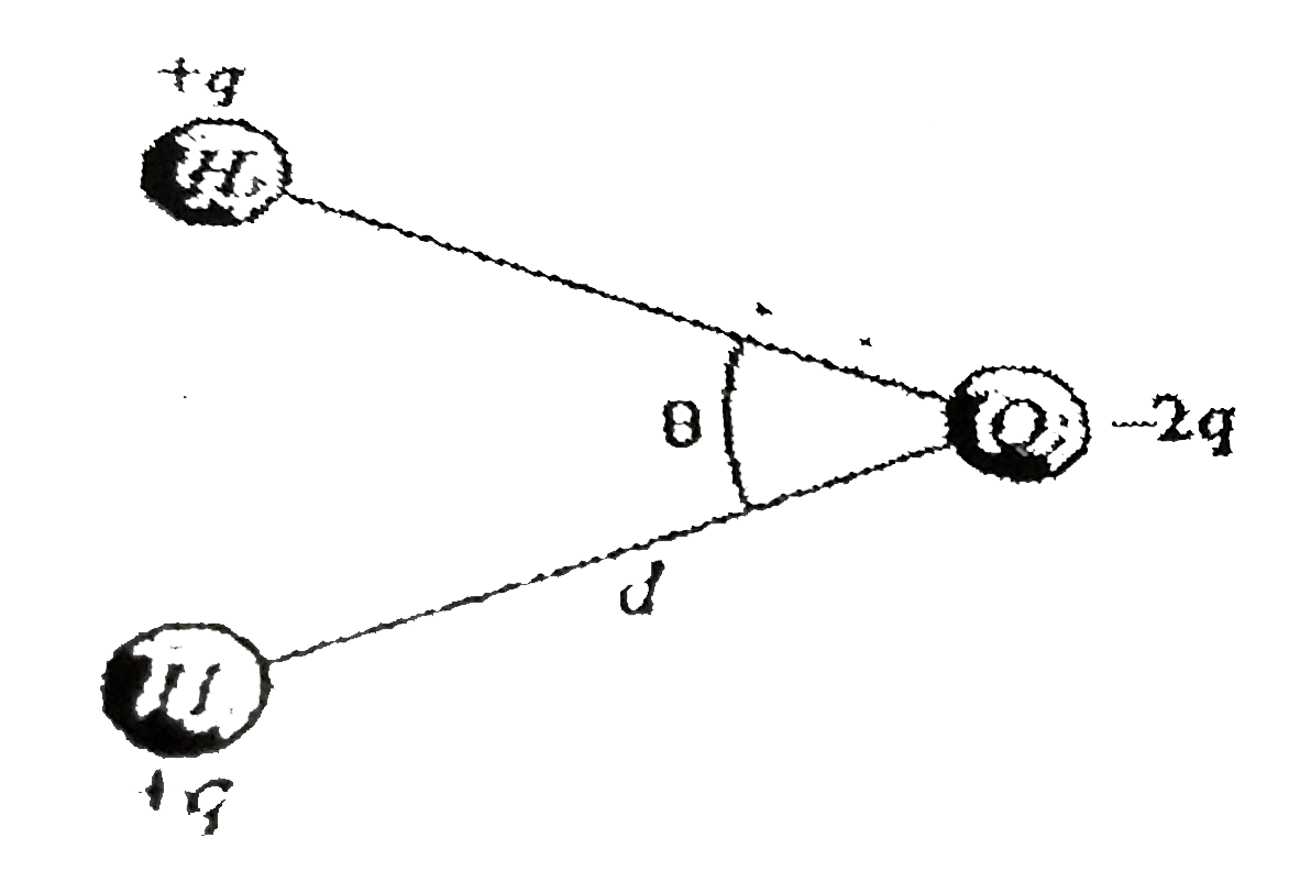 A water molecule is placed at a distance l from the line carrying linear charge density lambda . Find the maximum force exerted on the water molecule. The shape of water molecule and the partial charges on Hand O atoms are shown in figure