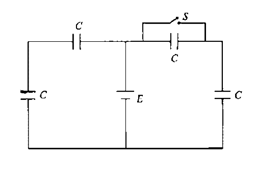 In the circuit shown in figure, each capacitor has a capacitance C and cell voltage is E. If switch S is closed, then calculate the work done by battery after closing the switch.