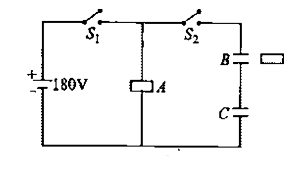 In the circuit shown in figure, capacitor A has capacitance C(1)=2muF when filled with a di-electric slab of dielectric constant k=2. Capacitors B and C are air capacitors and have capacitances C(2)=3muF and C(3)=6muF, respectively. A is charged by closing switch S(1) alone      (a) Calculate energy supplied by battery during process of charging. Switch S(1) is now opened and S(2) is closed.   (b) Calculate charge on B and energy stored in the system when electrical equilibrium is attained. Now switch S(2) is also opened, slab of A is removed. Another di-electric slab of K=2, which can just fill the space in B, is inserted into it and then switch S(2) alone is closed.   (c) Calculate by how many times electric field in B is increased. Calculate also, loss. of energy during redistribution of charge.