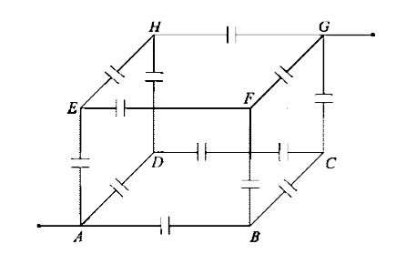 Figure shows a circuit of 12 capacitors each of capacitance C connected along the edges of a cubical wireframe as shown. Find the equivalent capacitance between terminals A & G.