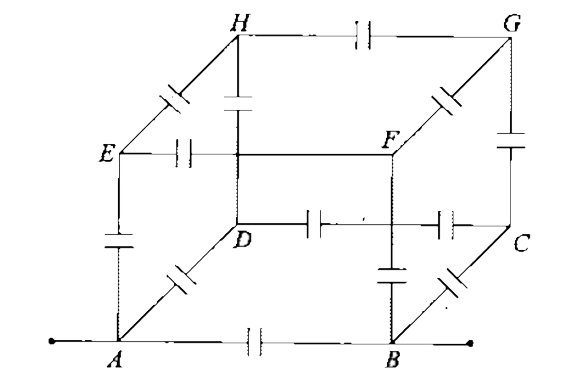 Figure shows a circuit of 12 capacitors each of capacitance 1C connected along the edges of a cubical wireframe as shown. Find the equivalent capacitance between terminals A & B.