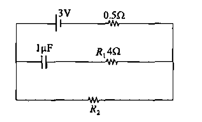A lmuF capacitor is connected in the circuit shown below. The EMF of the cell is 3V and internal resistance is 0.50Omega. The resistors R(1) and R(2) have values 4Omega and 1Omega respectively. The charge on the capacitor in steady state is :