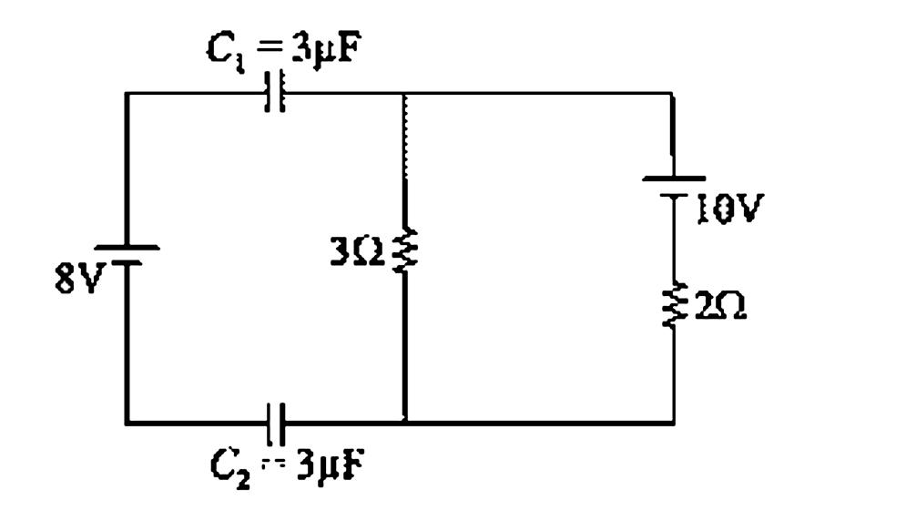 In the circuit shown in fignre-3.341, find the steady state charge on capacitor C(1)