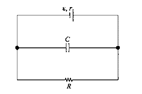 The electric field strength in the capacitor shown in circuit below in steady state is E = 50V/cm. The distance between the· plates of the capacitor C is 0.5 mm, square plates are of area 100 cm^(2), the resistance R = 50 Omega. and the internal resistance of battery is r=0.1 Omega