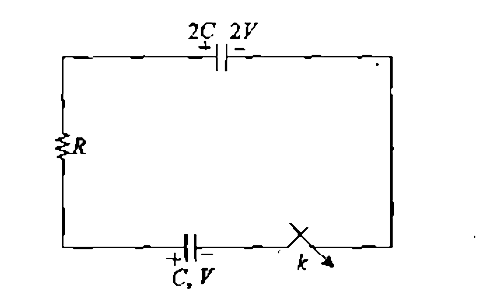 Two parallel plate capacitor of capacitance 2C and C are charged to the potentials 2 V and V respectively and are connected in a circuit along with a resistance R as shown in the diagram. The switch k is closed at t= 0. Find the current in the circuit as a function of time and total heat produced in the circuit