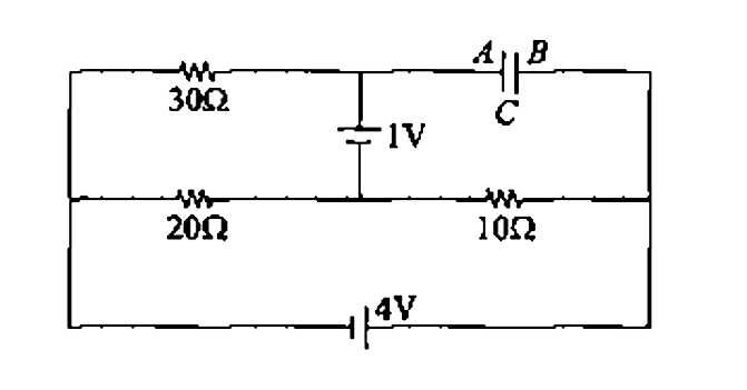 Find the potential difference between the plates of the capacitor C in the circuit shown in figure-3.161 in steady state. The internal resistances of the cells are negligible.