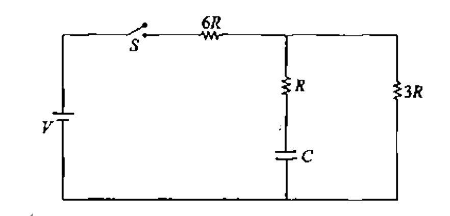 In the circuit shown in figure-3.240 switch S is closed at time t=0. find the current through different wires and charge stored on the capacitor at any time t.