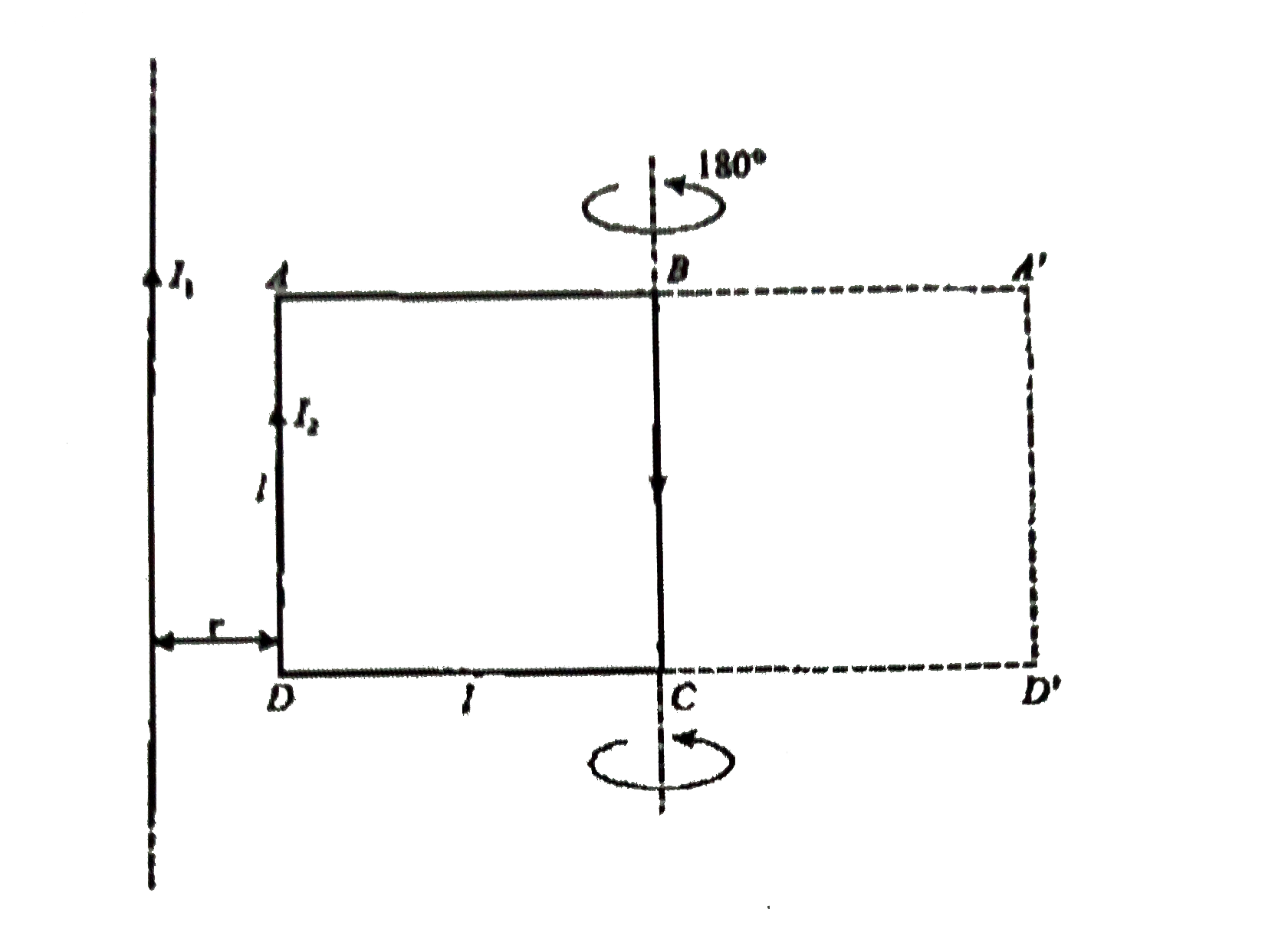 A square coil of edge I carrying a current I(2)  is placed near to a long straight wire carrying current I(1)  as shown in figure. Find work required to rotate the coil ABCD about the axis along edge BC by 180^(@)  to the dotted position A 'BCD' as shown.