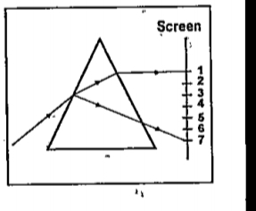 A narrow beam of white light passes through a triangular glass 
prism and gets split up into seven colours marked 1 to 7.   A student makes the following statements about the spectrum observed on the screen: