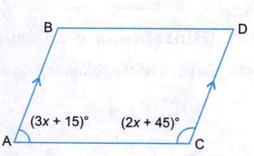 In the given figure, AB||CD. If angleBAC= (3x + 15)^(@) and angleACD=(2x + 45)^(@), find the value of x. Also, find the measures of angleBAC angleACD