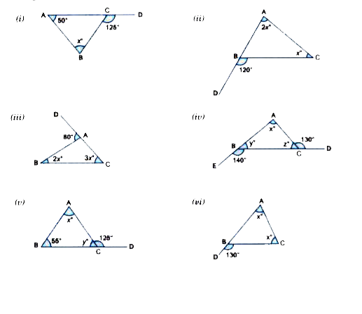 In each of the following figures, one side of a triangle has been produced. Find all the angles of the triangle in each case.