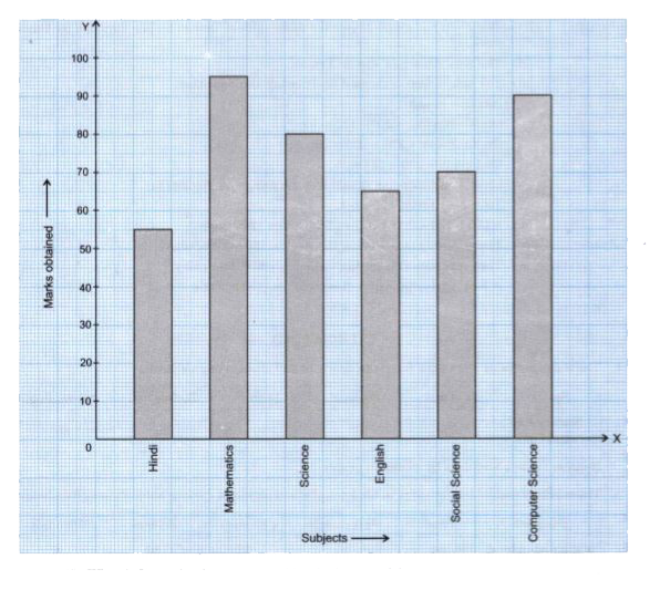 Read the given bar graph and answer the question that follow :      In which subject least marks were obtained?