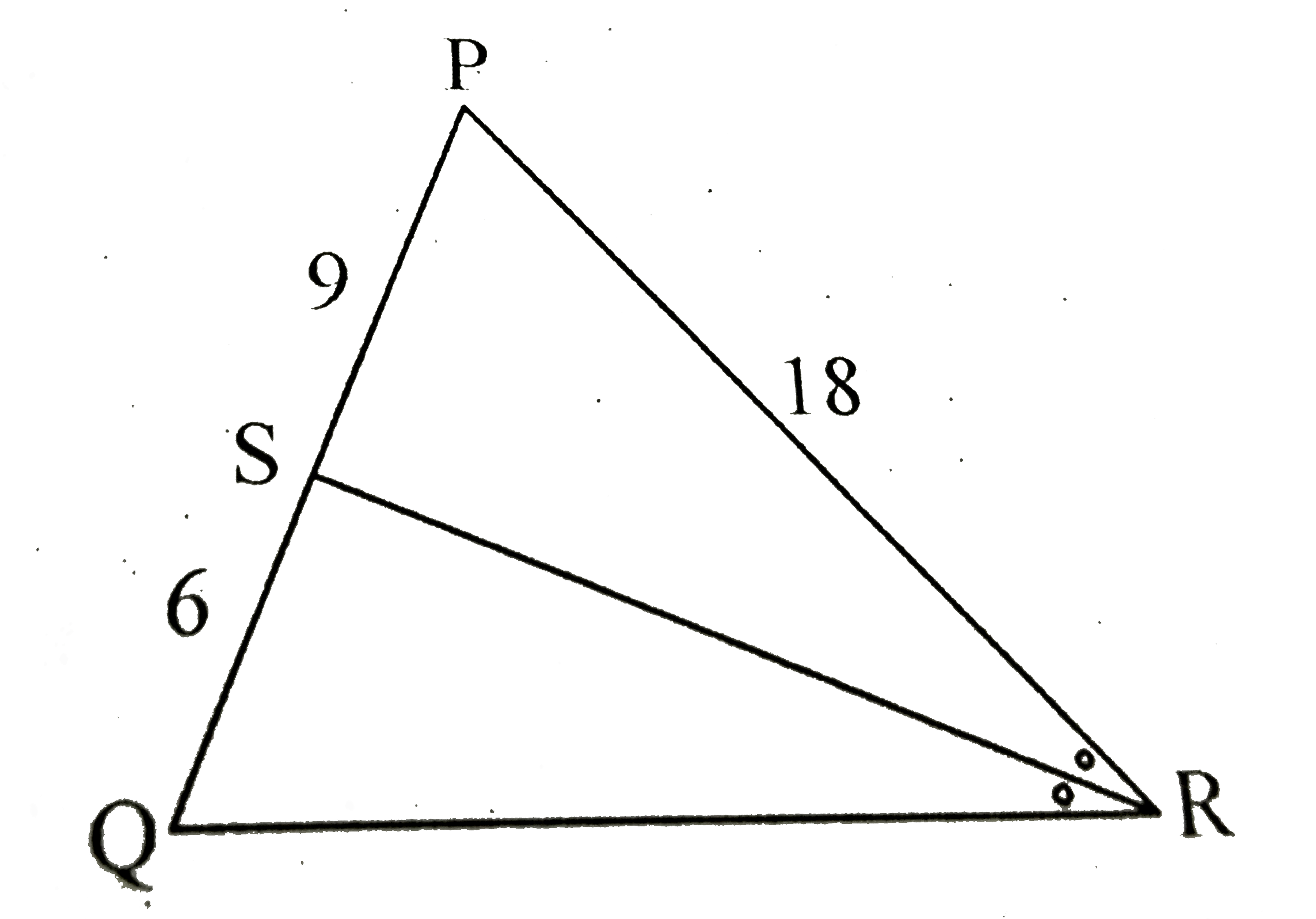 In the following figure, in DeltaPRQ, seg RS is the bisector of anglePRQ. If PS = 9, SQ = 6, PR = 18, find QR.