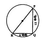 चित्र में, POR एक समकोण त्रिमुज है, जिसका angleQ समकोण है तथा भुजा PQ = 12 सेमी. और QR=5 सेमी. है। उस वृत्त का व्यास क्या होगा, जो इस त्रिभुज के सभी शीर्षों को स्पर्श करता है?