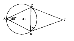 दी गई आकृति में O वृत्त का केंद्र है  TC तथा  TB वृत्त की स्पर्श रेखाएं है यदि  angleBAC=80^(@) हो, तो  angleCTB होगा -