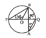 दिए गए चित्र में, 0 वृत्त का केंद्र है और angleBOP = 130^(@)  हो, तो x^(0) का मान है-