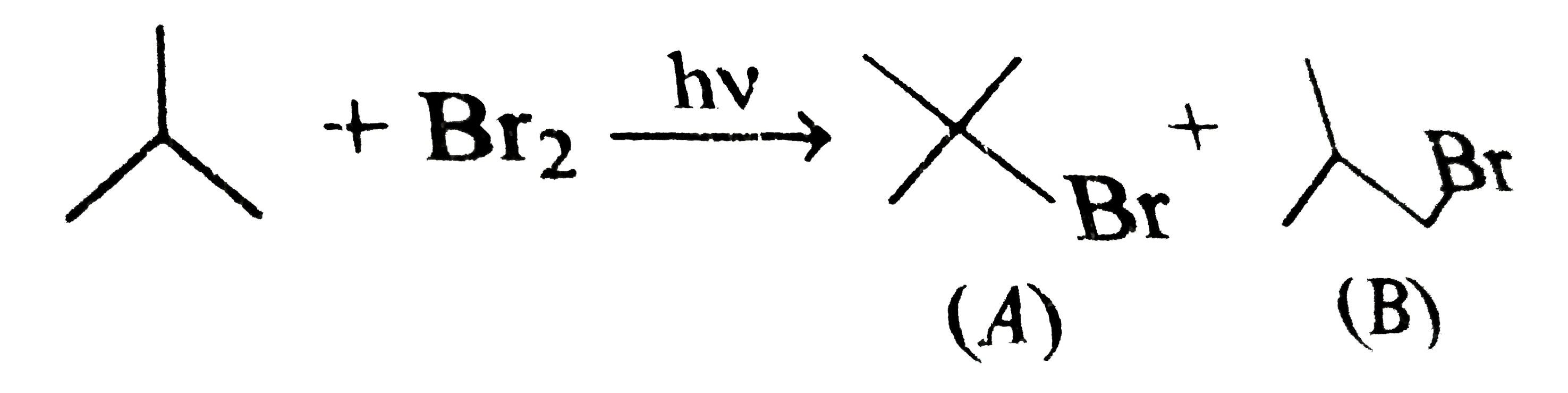 The relative reactivity of 1^(@)H,2^(@)H and 3^(@)H in bromination reaction has been found to be 1:82:1600 respectively.In the reaction      The percentage yield of (A) and(B) are expected to be: