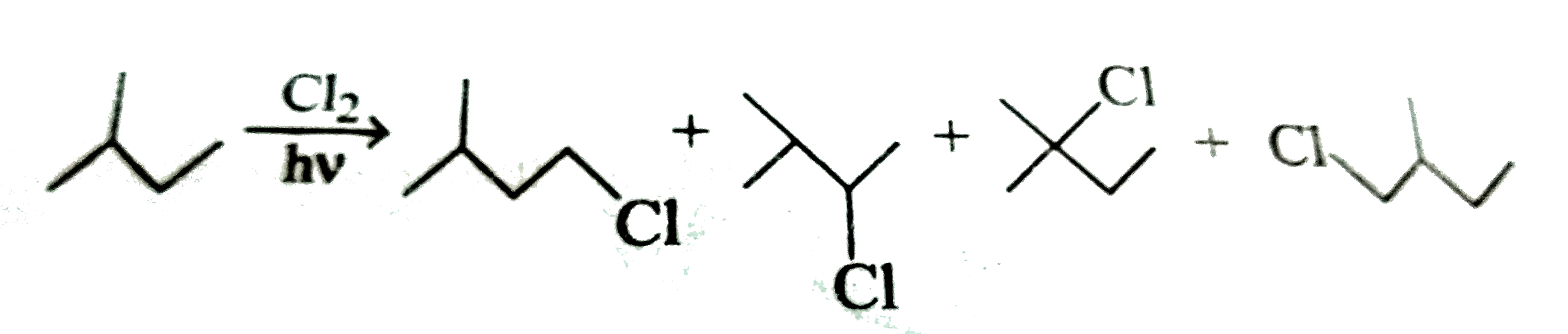 The relative reactivity of 1^(@),2^(@) and 3^(@) hydrogens in chlorination reaction has been found to be 1:3.8:5 In the reaction,      The ratio of the amount of  the poroduct (A),(B),© and (D) is expected to be: