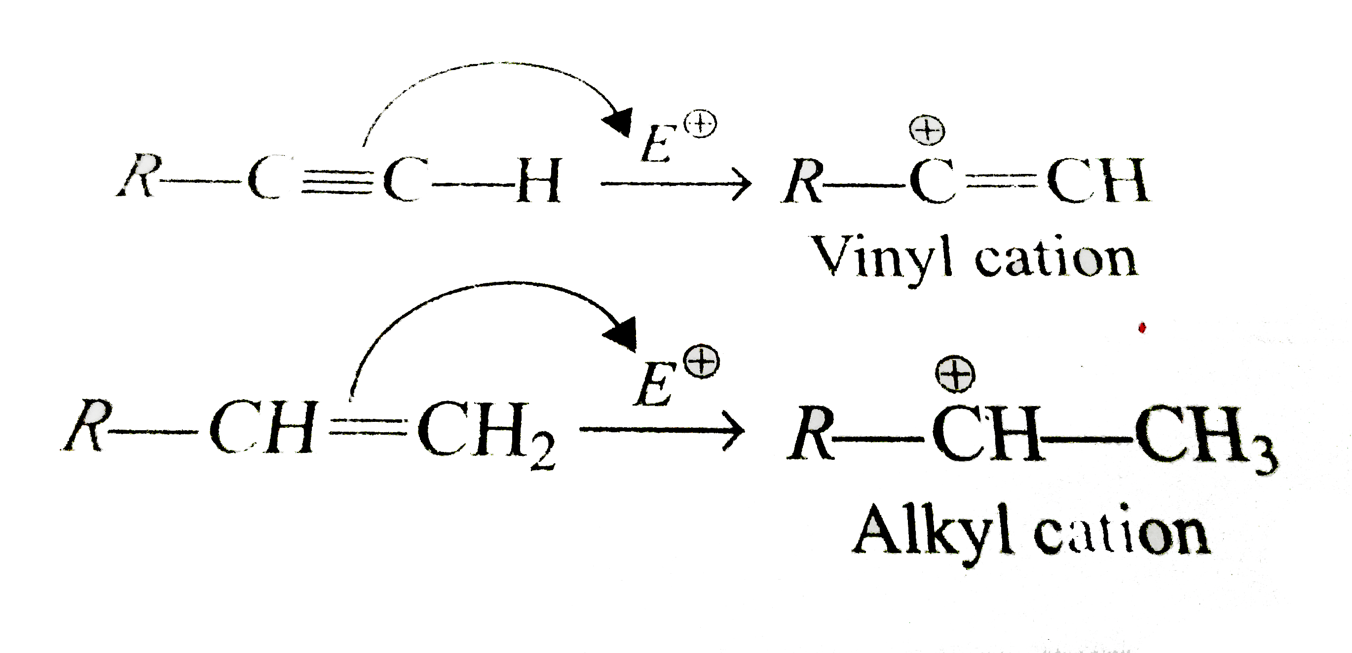 Alkene and alkyne both undergo electrophilic additon beacuise of pi  electron density, they behave as elctron rich species, alknens are more reactive toward this reaction because the intermiediate formed when anE^(oplus) adds to an alkyne is a vinylic cation wheras sthe intermediate formed when an E^(oplus) adds to akene is alkyl cation, which is mopre stable.