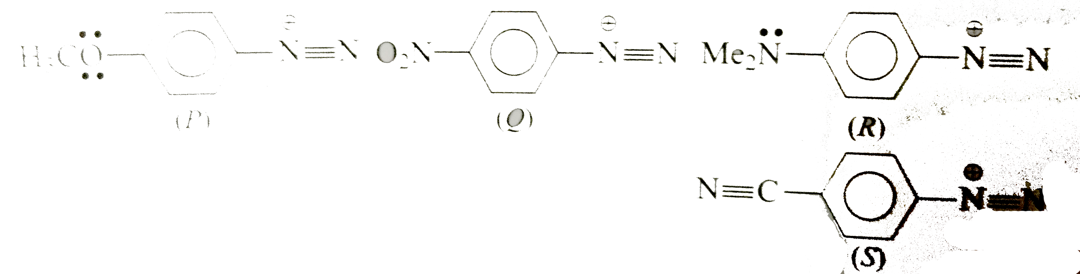 When an primary aromatic amine is treated with NaNO(2)+HCI at 0^(@)-5^(@)C, a diazonium salt is formed and the reaction is called diazo reaction. In this reaction mineral acid must be added to prevent the coulping reaction of diazonium salt with excess of aryl amine. diazonium salt is highly in the synthesis of number of coloured dyes.    For the following diazonium ion the decreasing order of reactivity of these ion in azo-coupling reaction: