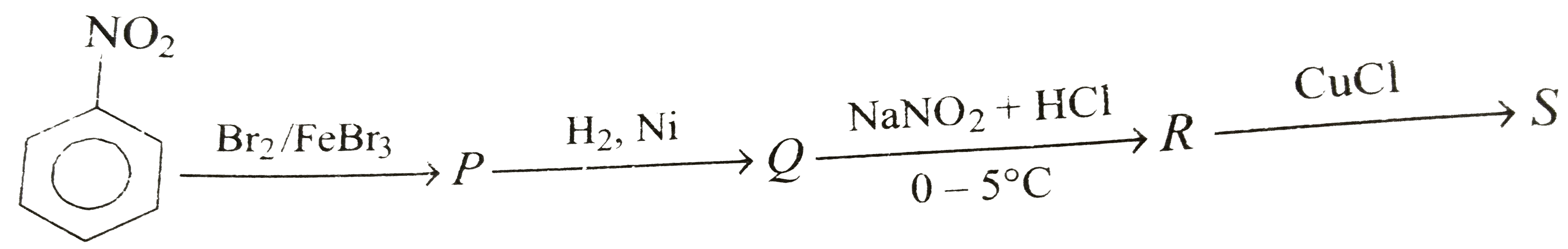 Consider the following reactions,    overset(Br(2)//FeBr^(3))toPoverset(H(2), Ni)toQ overset(NaNO(2)+ HCl)toR overset (CuCl)toS    The end product 'S' is :