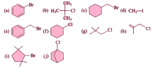 Examine the ten structures shown below and select those that satisfy each of the following condition.      How many compounds give E(2) reaction on treatment with alcoholic KOH?