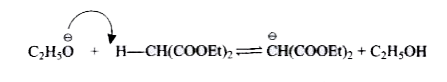 The base catalysed addition of a compound having active methylene group (or relatively acidic hydrogen) to activate alkene is known as Michael addition reaction.   Ph-CH=CH-overset(O)overset(||)(C)-OEt+H(2)C(COOEt)(2)overset(C(2)H(5)overset(ϴ)(O)Na^(o+))(to)   Ph-underset(CH(COOEt)(2))underset(|)(CH)-CH(2)-overset(O)overset(||)(C)-OEt   Mechanism        Find out product of following reaction :