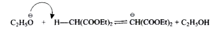 The base catalysed addition of a compound having active methylene group (or relatively acidic hydrogen) to activate alkene is known as Michael addition reaction.   Ph-CH=CH-overset(O)overset(||)(C)-OEt+H(2)C(COOEt)(2)overset(C(2)H(5)overset(ϴ)(O)Na^(o+))(to)   Ph-underset(CH(COOEt)(2))underset(|)(CH)-CH(2)-overset(O)overset(||)(C)-OEt   Mechanism