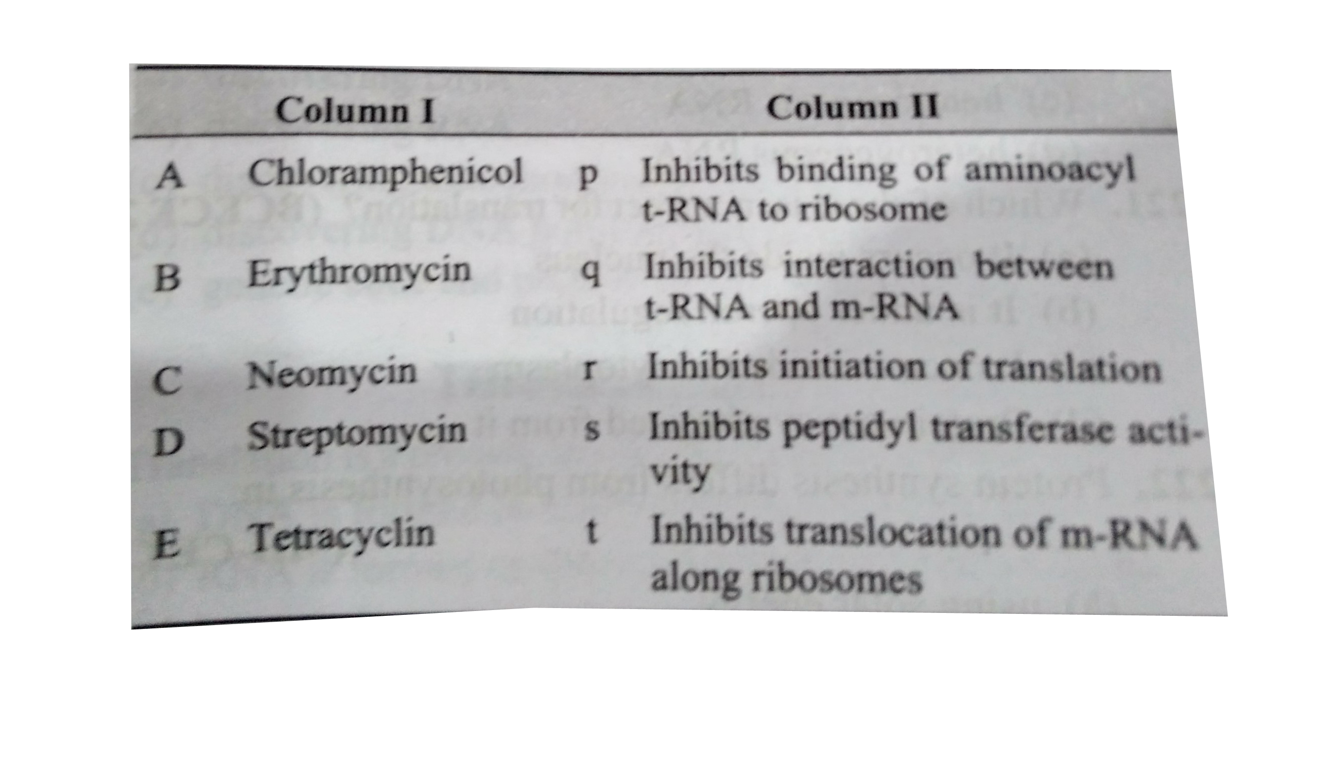 Some of the inhibitors of bacterial protein synthesis and their effect are listed in column I and column II below . Match them and choose the correct  option from answer key :