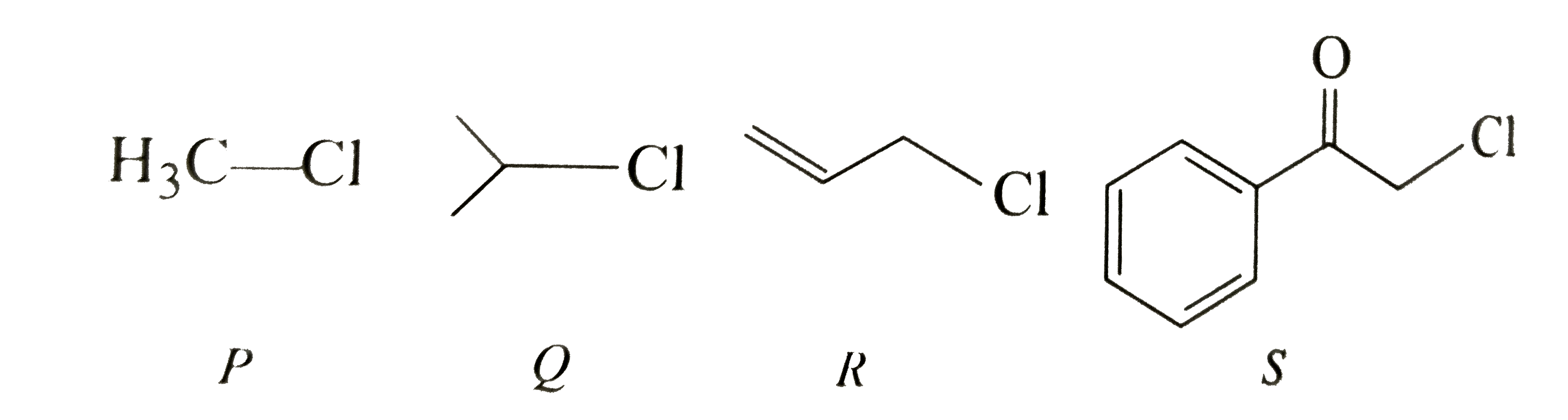 KI in acetone undergoes S(N^(2)) reaction with each of P, Q, R, S. The rates of the reaction vary as :