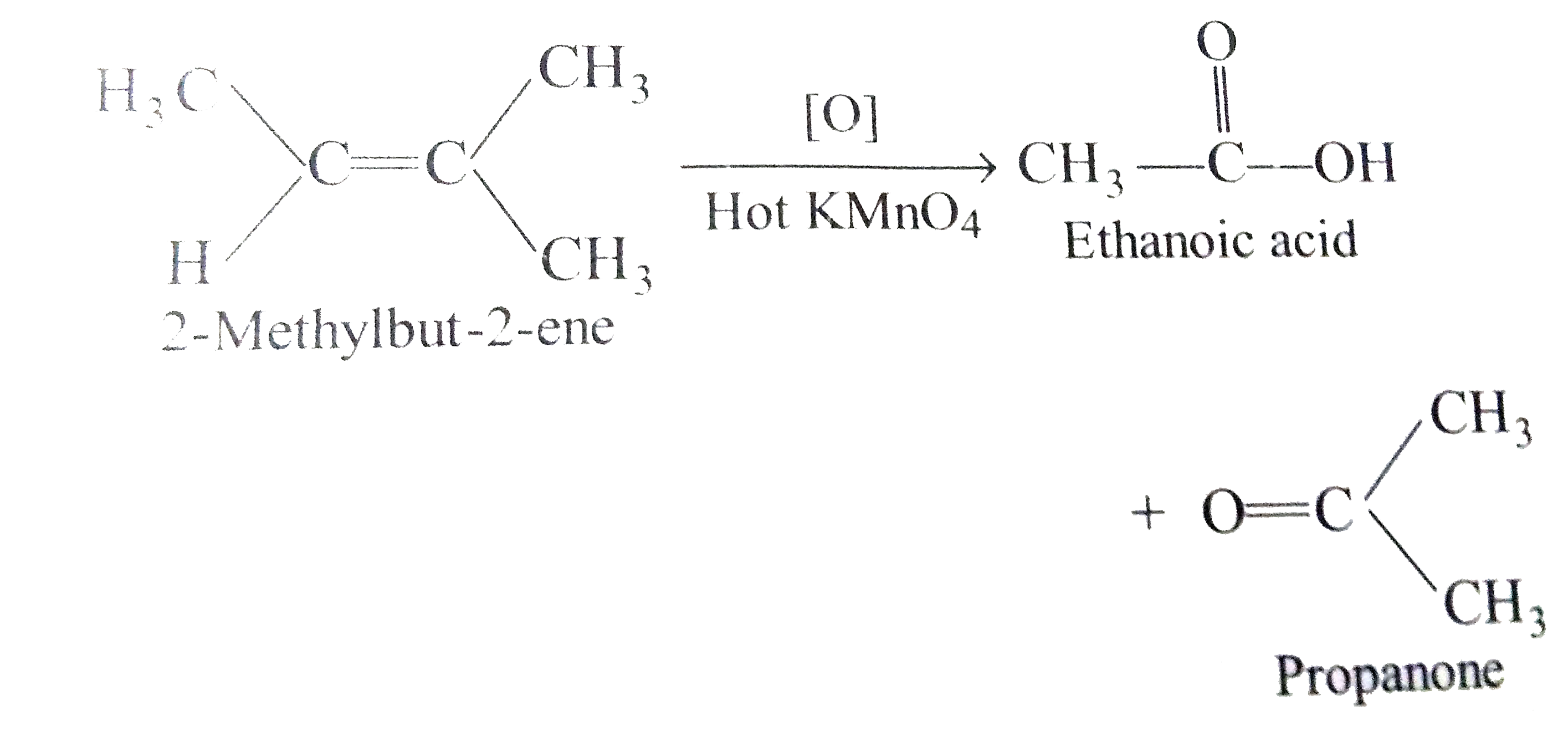 Oxidation of alkenes by cleavage with the acidic or alkaline KmNO(4) of acidic K(2)Cr(2)O(7) at higher temperature yields products depending upon the nature of alkene. A hot solultion of KMnO(4) is a strong oxidising agent which gives only ketones and carboxylic acids and not aldehydes (as they cannot be isolated).      Oxidation of alkenes with OsO(4) followed by alcoholic NaHSO(3) or Na(2)SO(3) yeilds glycols.      Answer the following questions:   An alkene 1-methyl cyclohexene on oxidation with hot basic KMnO(4) gives: