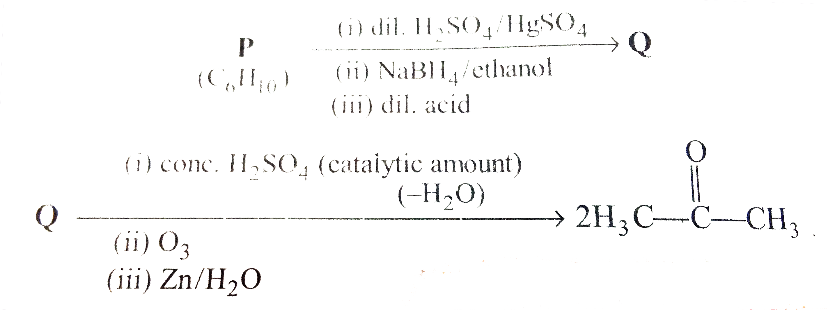 An acylic hydrocarbons P, having molecular formula C(6)H(10), gave acetone as the only organic product through the following sequence of reactions, in which Q is an intermediate organic compound.      Answer the following questions:   The structure of compound P is: