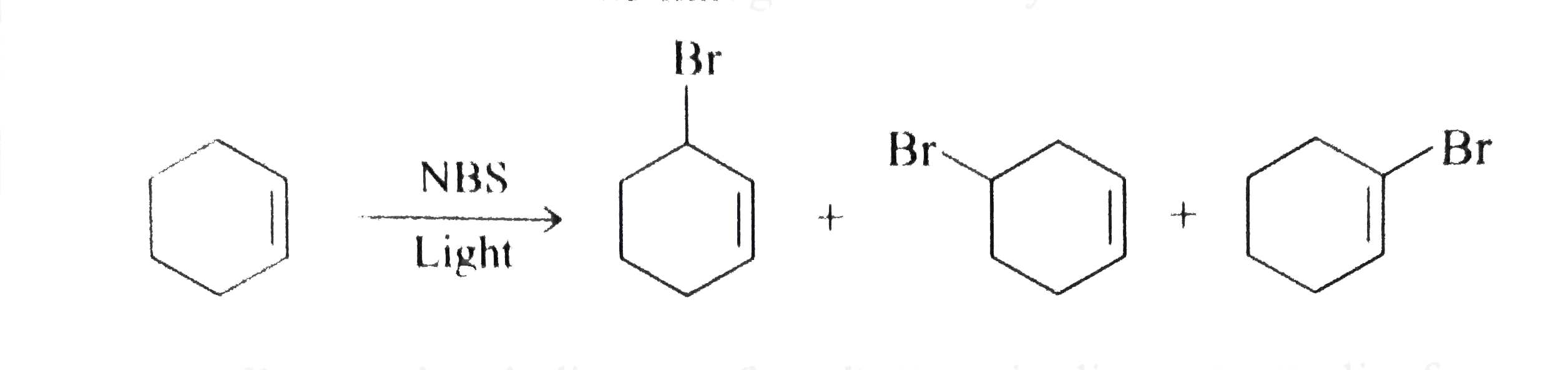 Karl Ziegler reported that alkenes react with N-bromosuccinimide (NBS) in presence of light to give products resulting from substitution of hydrogen by bromine at the allylic position i.e., the position next to the double bond.   Let us consider the halogenation of cyclohexane.      Energy level diagram for allylic vinylic and alkylic free redicals is given below:         (4,4-Dimethyl cyclohexene)   Above compound on treatment with NBS gives allylic bromides . How many product (s) will be obtained in this reaction?