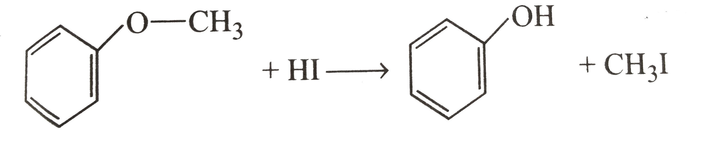 Carbon-oxygent bond in ethers can be cleaved b halogen acids, sulphuric acid, phosphorus pentachlodie, etc. The cleavage of C-O bond take place under drastic conditions with excess of hydrogen halides.   R-O-R+2HX rarr  2RX +H(2)O   If hydrogen halide is not taken in excess then a molecule of alcohol and alkyl halide are formed.   R-O-R+HI overset(373K) (rarr) R-OH+R-I   The order of reactivity of hydrogen halides towards the given reaction depends on the bond strength of halogenated acids, weaker is the H-X bond, greter is its reactivity. In case of unsymmetrical ethers, the site of cleavage is such that the halide is formed from the alkyl group which is smaller in size. However, when one of the alkyl group is tertiary, the halide formed is the tertiary halide.   Indiate wheterh the following statements // reactions are true or false.    Alkyl aryl ethers react with HI to give phenol and alkyl halide.      (a) True      (b) False