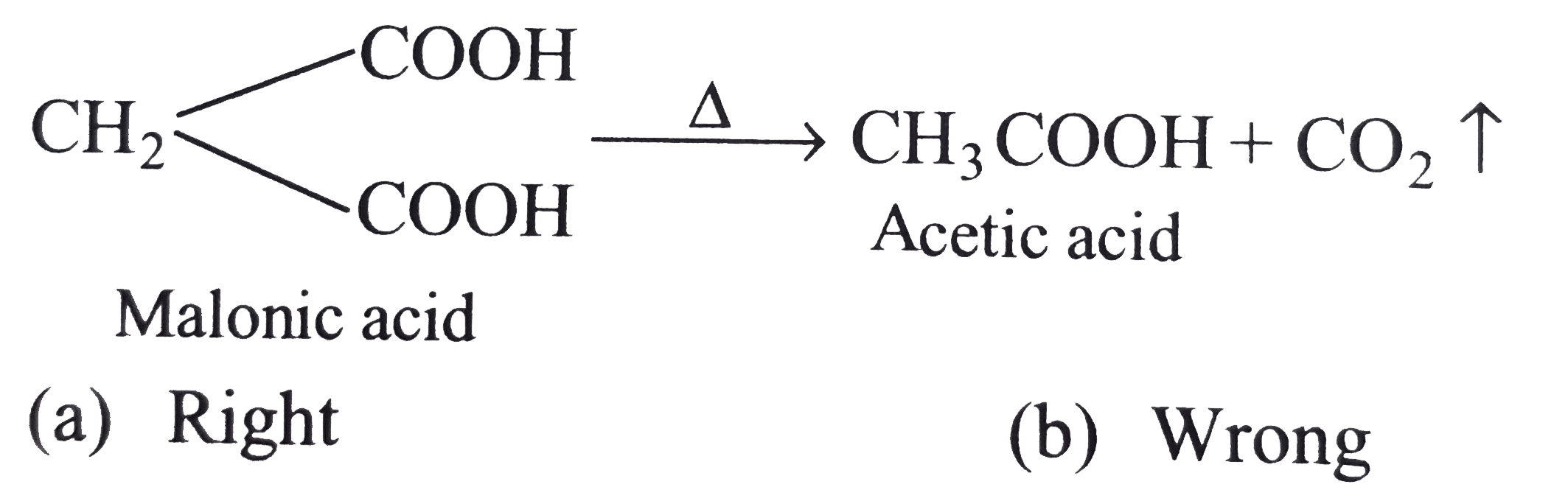 Variety of products are obtained when dicarboxylic acids are heated. The nature of product depends on the carbon chain length seperating the two carboxylic groups.   (I) 1 ,2 and 1,3-dibasic acids on heating give monocarboxylic acid   (II) 1,4 and 1,5-dibasic acids on heating give cyclic  anhydride   (III) 1,6 and 1,7-dibasic acids give cyclic ketones.   Indicate whether the following reactions are right or wrong.