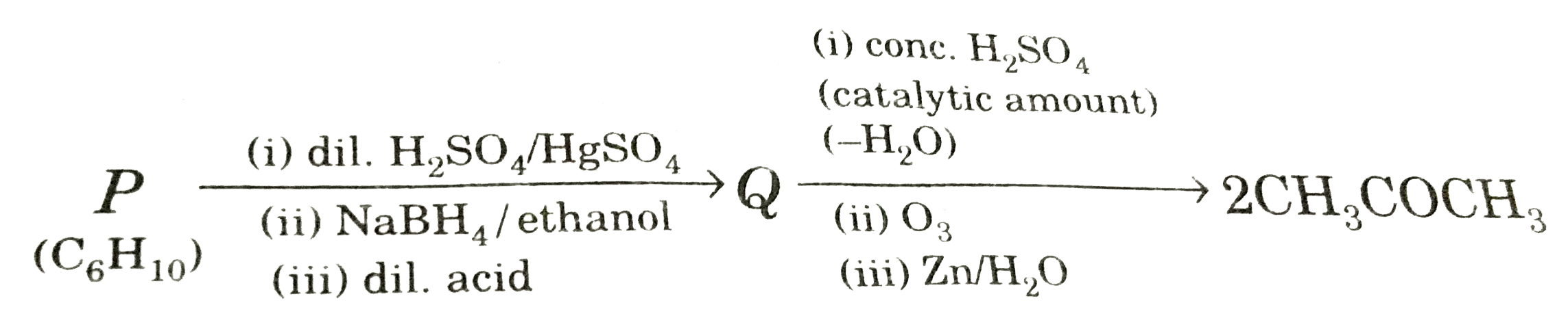 An acyclic hydrocarbon P,having molecular formula C(6)H(10)' gave acetone as the only organic product through the  following sequence  of reactions, in which Q is an intermediate organic compound      The structure of the compound P is :