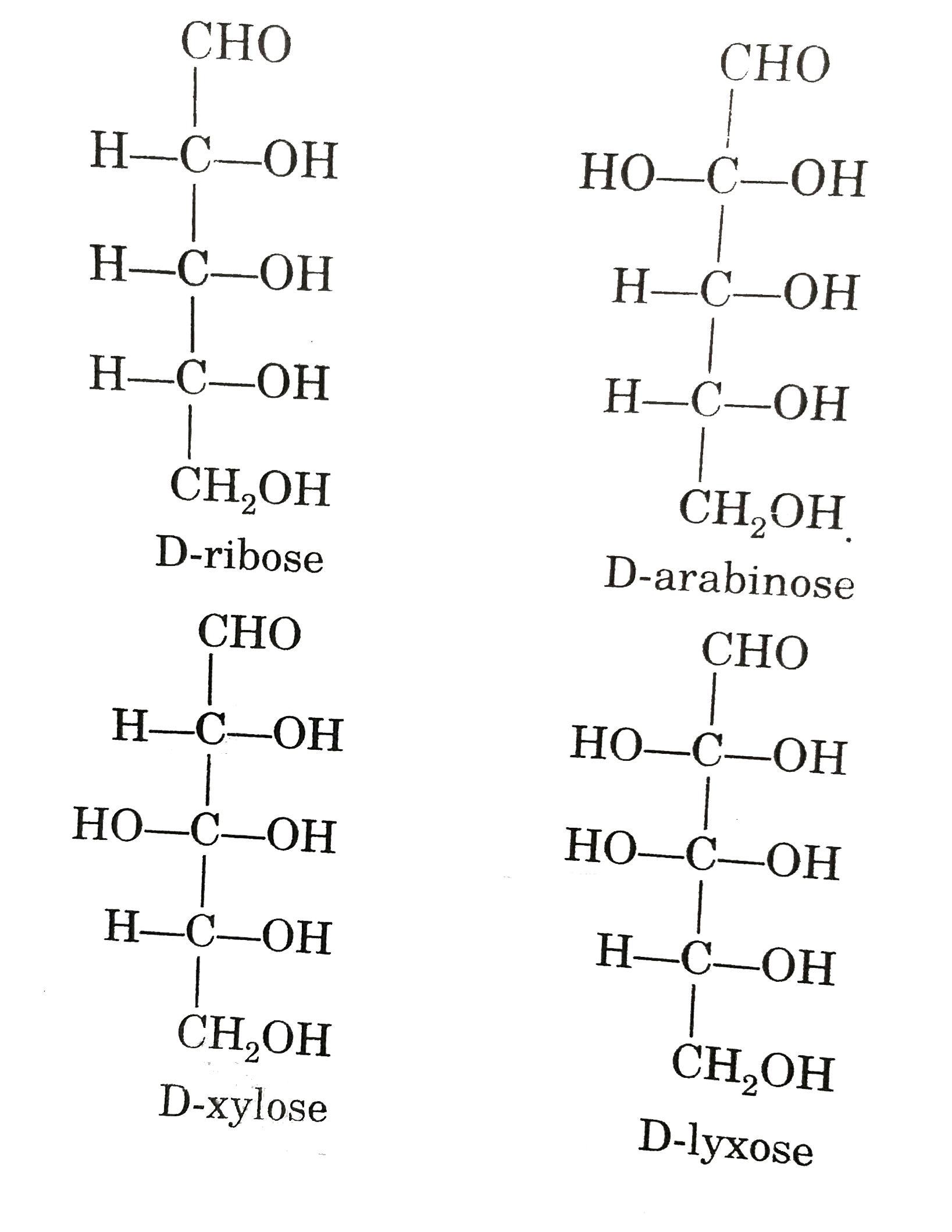 Observe these compounds and give answer of following question :      A carbohydrate undersetgoes the following conversion. D-Lyxose  underset(HCl)overset(NaCN)rarr'A'overset(H(2)//Pd-BaSO(4))rarr'B' overset(H(3)O(o+))rarr'C' 'C' can by :