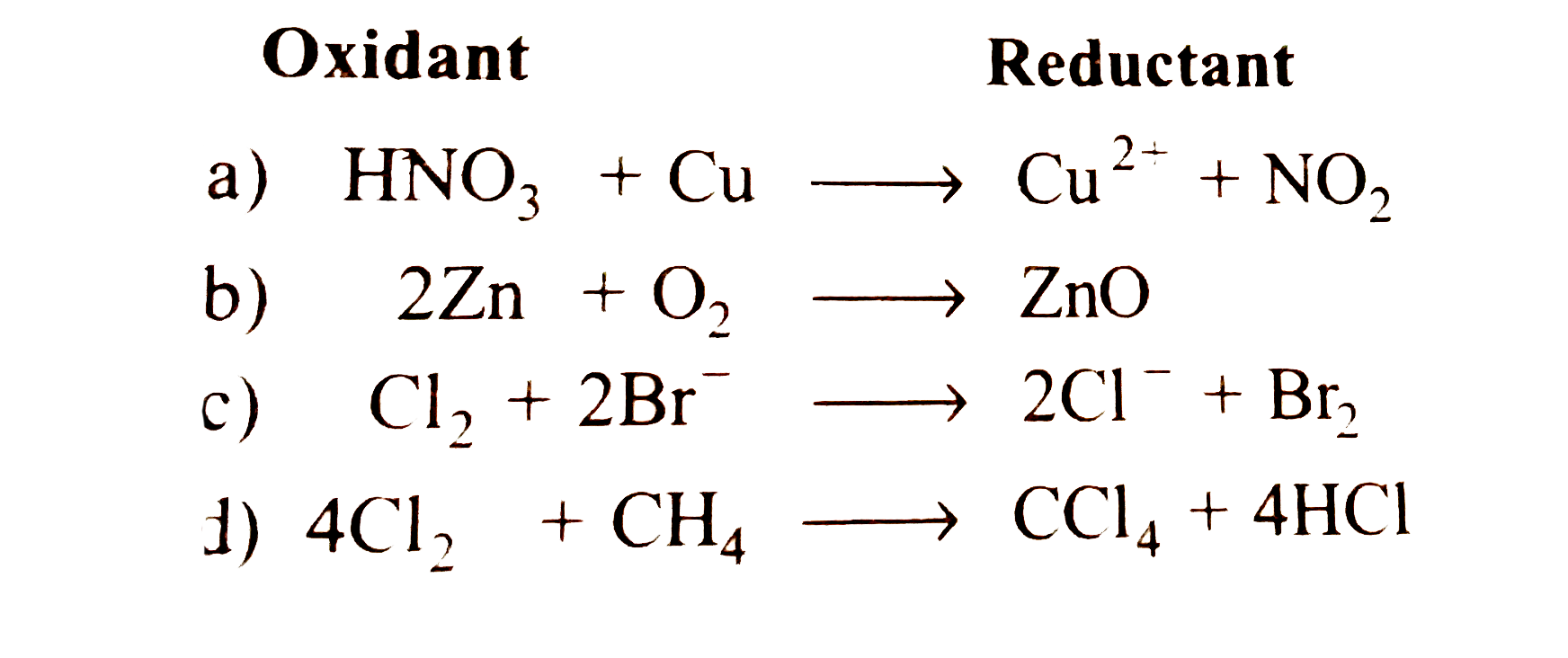 Oxidation and reduction process involves the transaction of electrons. Loss of electrons is oxidation and the gain of electrons is reduction. It is thus obvious that in a redox reaction, the oxidant is reduced by accepting the electrons and the reductant is oxidised by losing electrons. The reactions in which a species disproportionates into two oxidation states (lower and higher) are called disproportionation reactions. In electrochemical cells, redox reaction is involved, i.e., oxidation takes place at anode and reduction at cathode.   Which of the following reactions is/are correctly indicated?