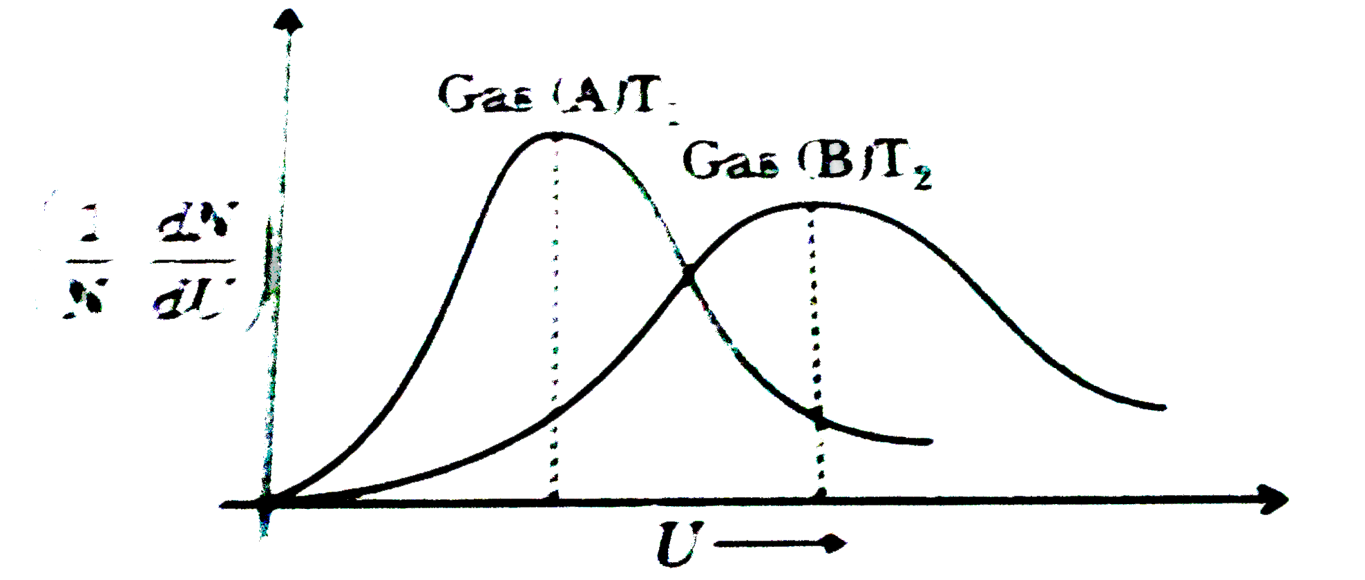 For the following graph, drawn from two different samples of gases at two different temperatures T(1) and T(2), which of the following statements is/are necessarily true?