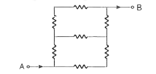 5 Omega वाले सात प्रतिरोध, चित्र II.33  में दिखाए अनुसार जोड़े जाते हैं।  A और B बिन्दुओं के बीच तुल्य प्रतिरोध है