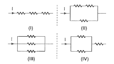 एक ही मान के तीन प्रतिरोध चित्र II.60 में दिखाए  अनुसार अलग-अलग संयोजनों  में व्यवस्थित  किए जाते हैं।  इन्हें  शक्ति  क्षय के आरोही  क्रम में व्यवस्थित  करें