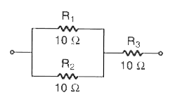 10 Omega के तीन समान प्रतिरोध R(1), R(2) और R(3), चित्र II.71 में दिखाए  अनुसार  जोड़े जाते हैं।  प्रत्येक  प्रतिरोध  द्वारा खपत  की गई अधिकतम  शक्ति 20 W है।  संयोजन  द्वारा खपत  की गई अधिकतम  शक्ति है